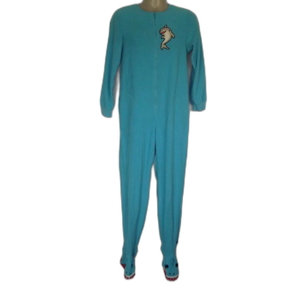 NICK & NORA Footie Pajamas/Union Suit, S, SHARK, Aqua Blue, Long sleeve, Zipper - Picture 2 of 14